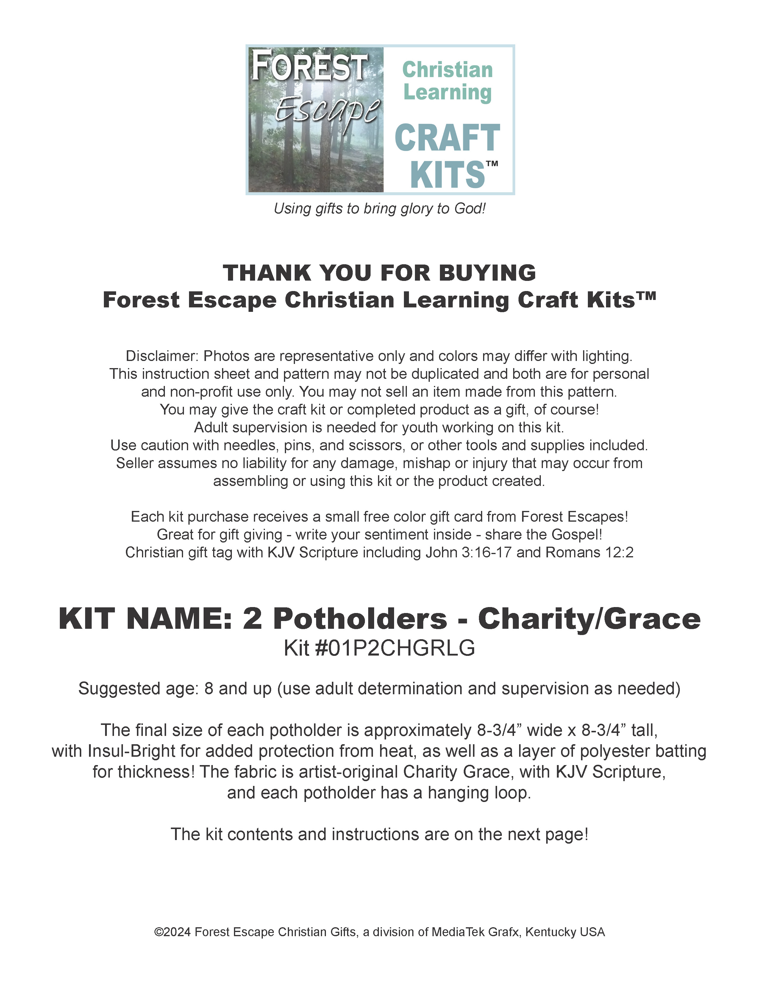 Craft Kit Learn to Sew! 2 kitchen potholders, Insul Bright, large sewing kit, illustrated instructions, learn sewing, Charity, Grace