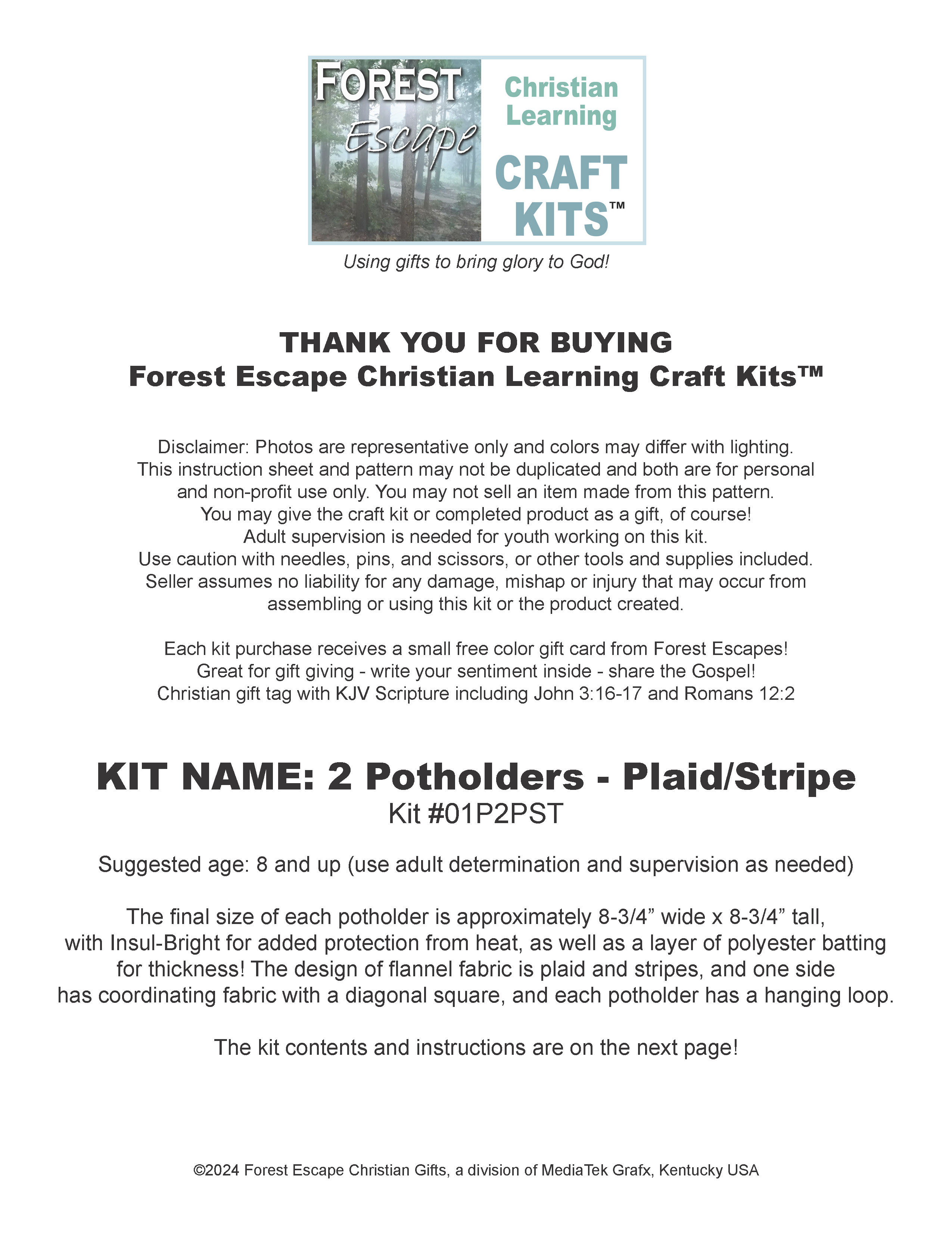 Learn to Sew Craft Kit! instructions, sewing, 2 kitchen potholders, contrasting plaid flannel fabric with Insul Bright