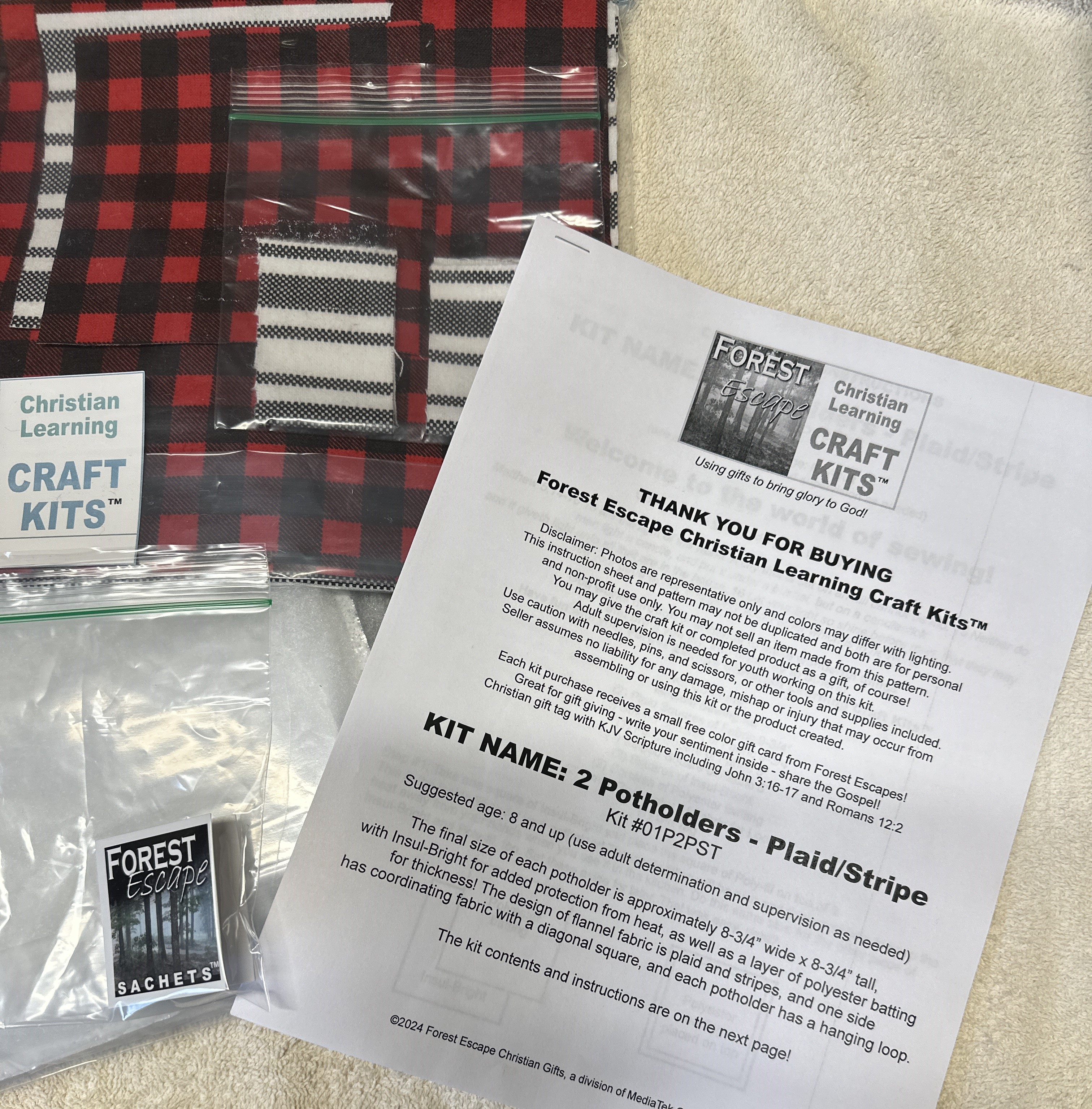 Learn to Sew Craft Kit! instructions, sewing, 2 kitchen potholders, contrasting plaid flannel fabric with Insul Bright