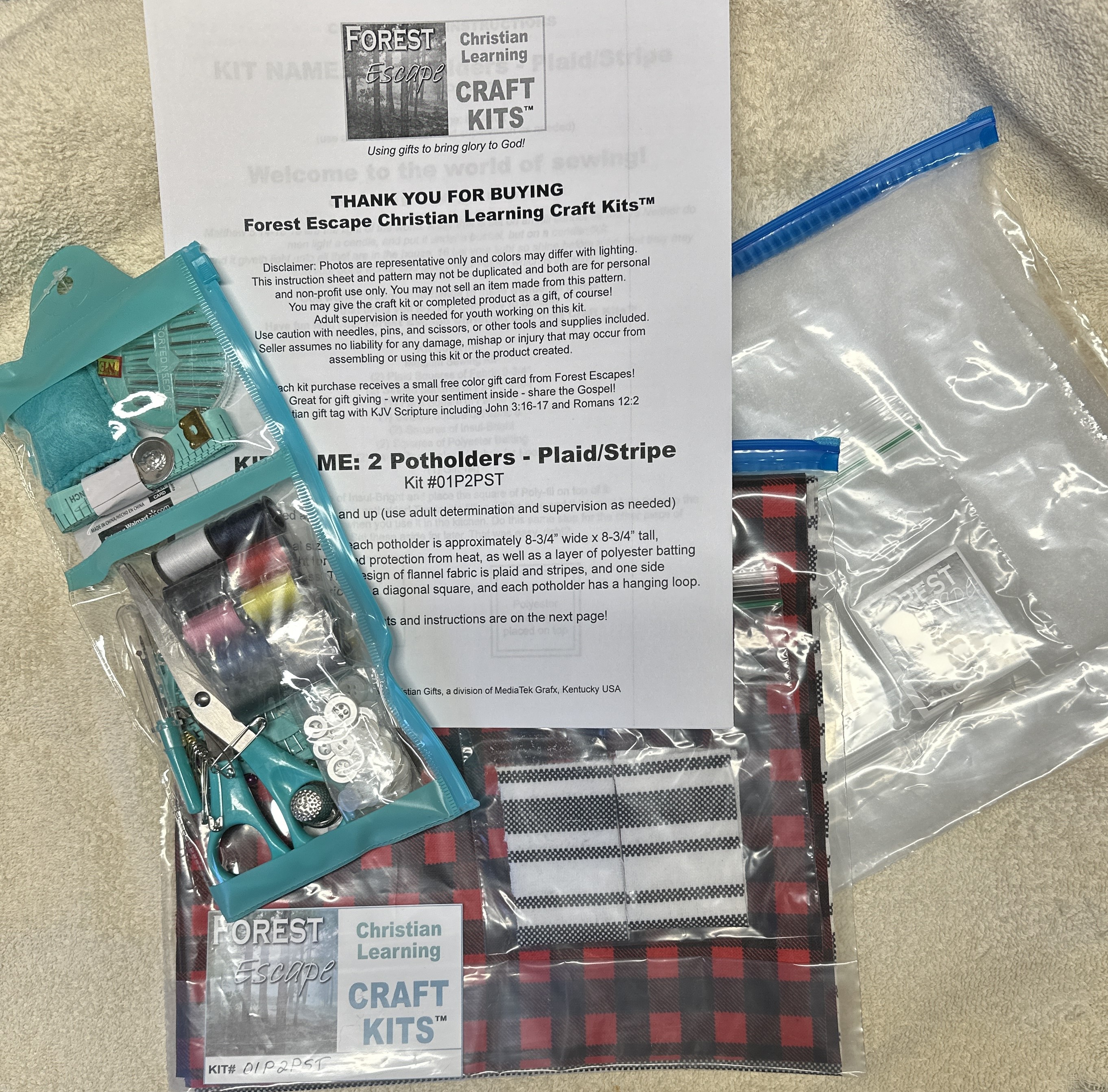 Learn to Sew Craft Kit! instructions, sewing, 2 kitchen potholders, contrasting plaid flannel fabric with Insul Bright
