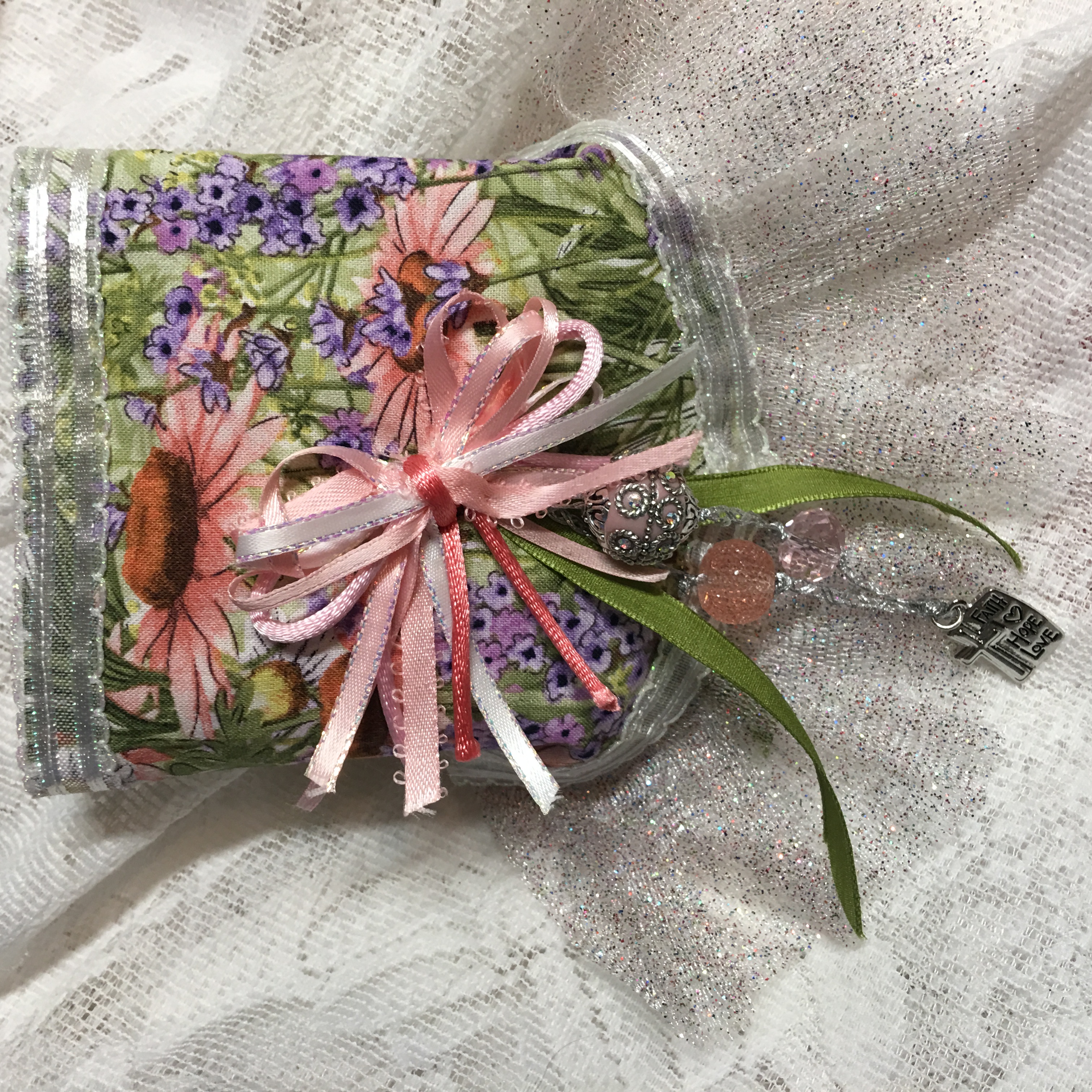 Wrist Purse with Black Amethyst sachet scent and beads instead of a traditional corsage! Faith hope love charm! A forever keepsake!