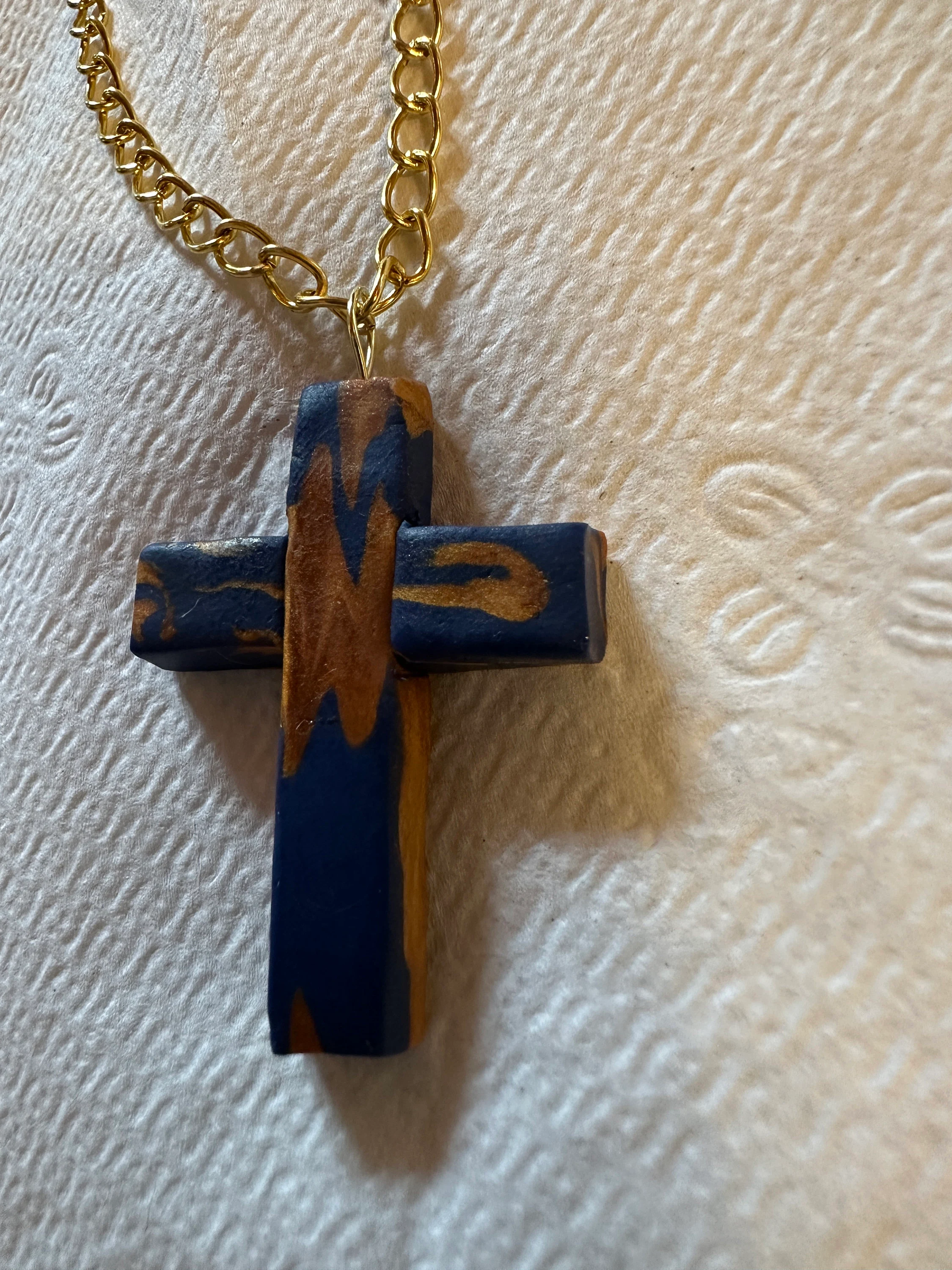 Christian cross with copper and royal blue polymer design on gold chain with lobster clasp, nice Christian gift 