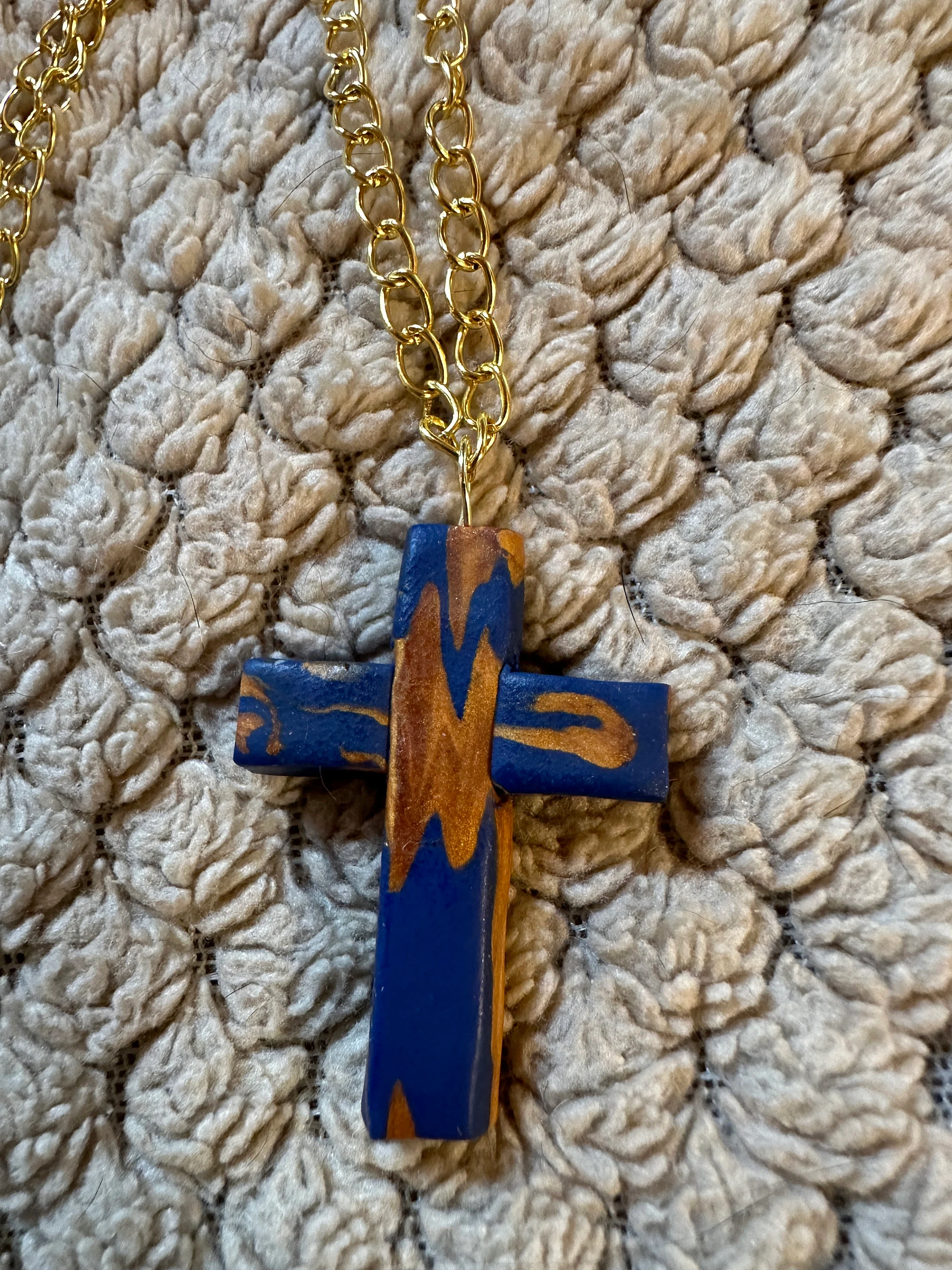 Christian cross with copper and royal blue polymer design on gold chain with lobster clasp, nice Christian gift 