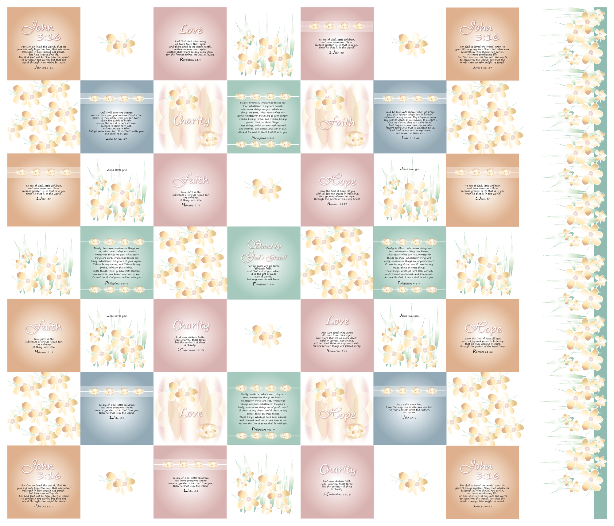 Christian Fabric, Faith Hope Charity Quilt Fabric 42" wide, Christian Scripture - cheater quilt - make a pillow or quilt or wall hangings