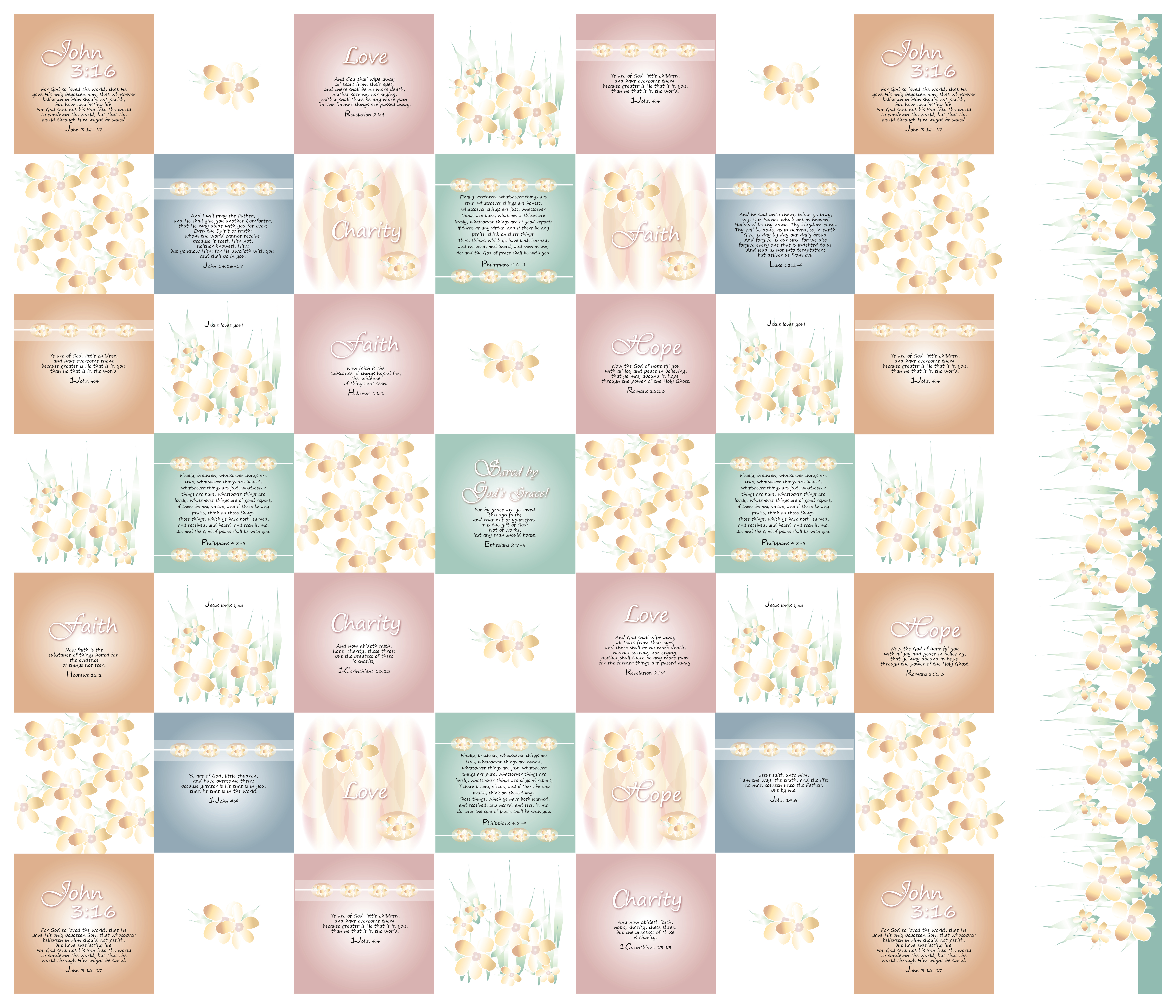 Christian Fabric, Faith Hope Charity Quilt Fabric 42" wide, Christian Scripture - cheater quilt - make a pillow or quilt or wall hangings