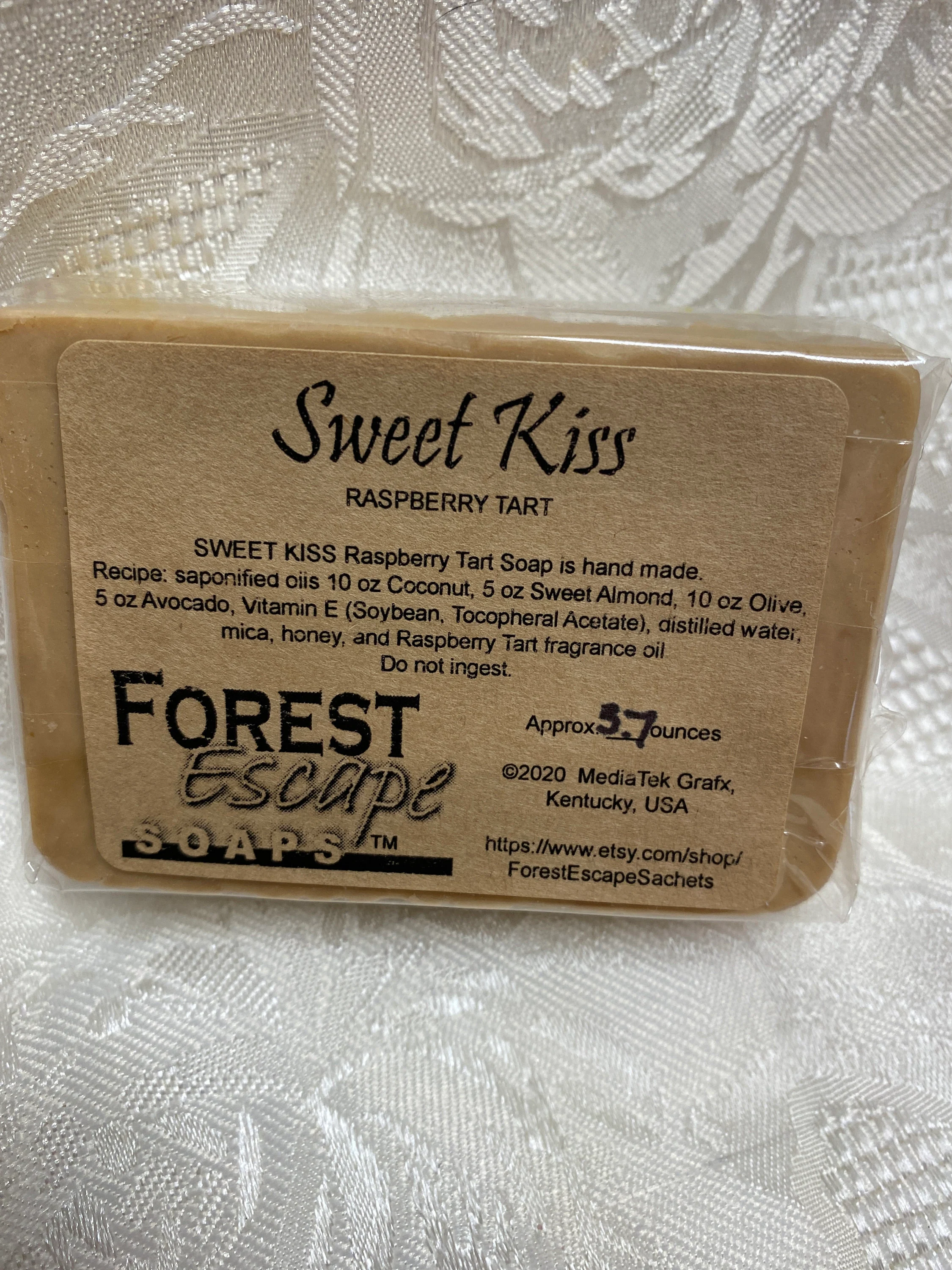 Almond, Avocado, SWEET KISS Raspberry Tart Soap, Coconut, Olive, hand made in small batches, wonderful fragrance with a kiss of yellow color