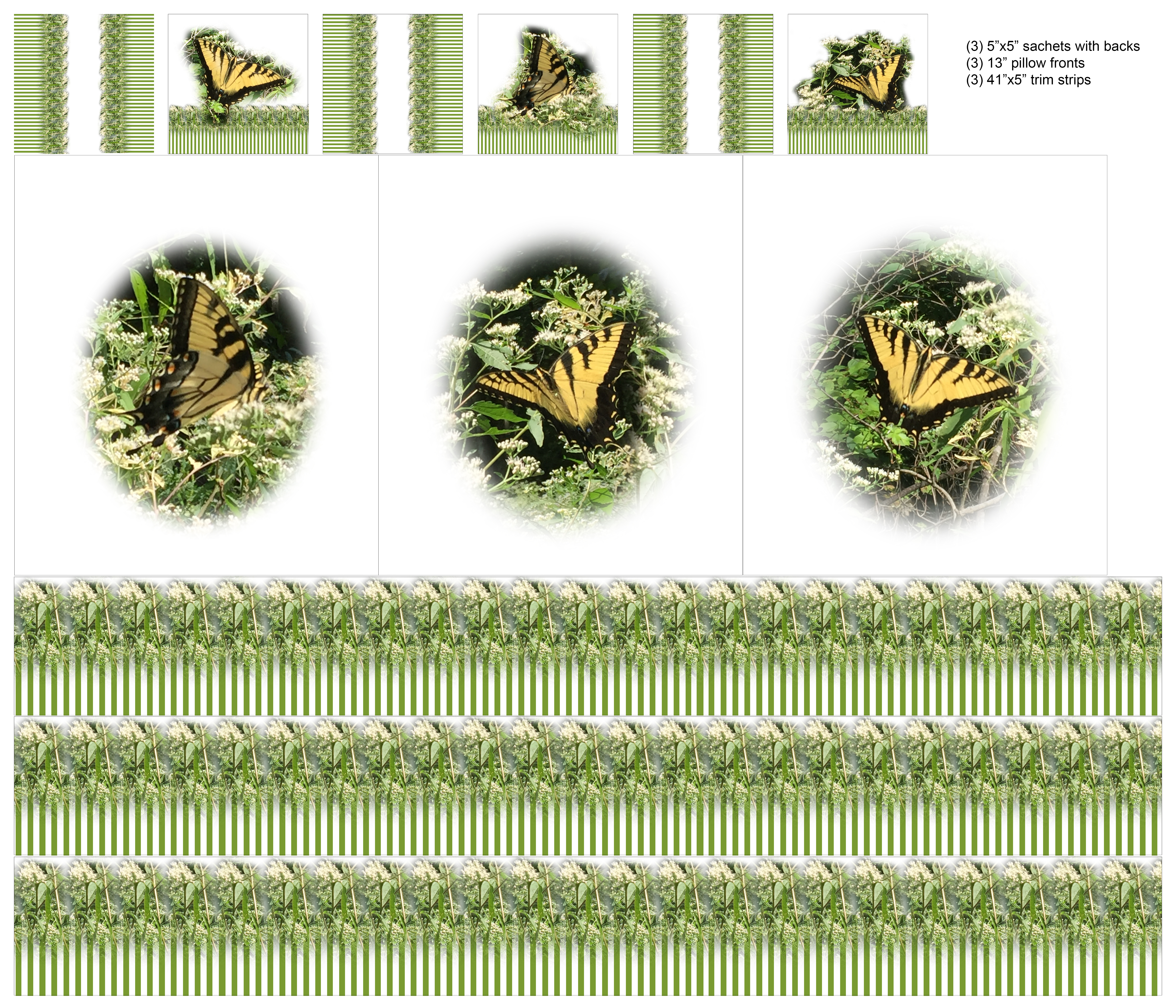 Sabrina Butterfly Fabric, sew your own pillow, outlines printed for sachets, pillow fronts and trim pieces  42" wide by 36"