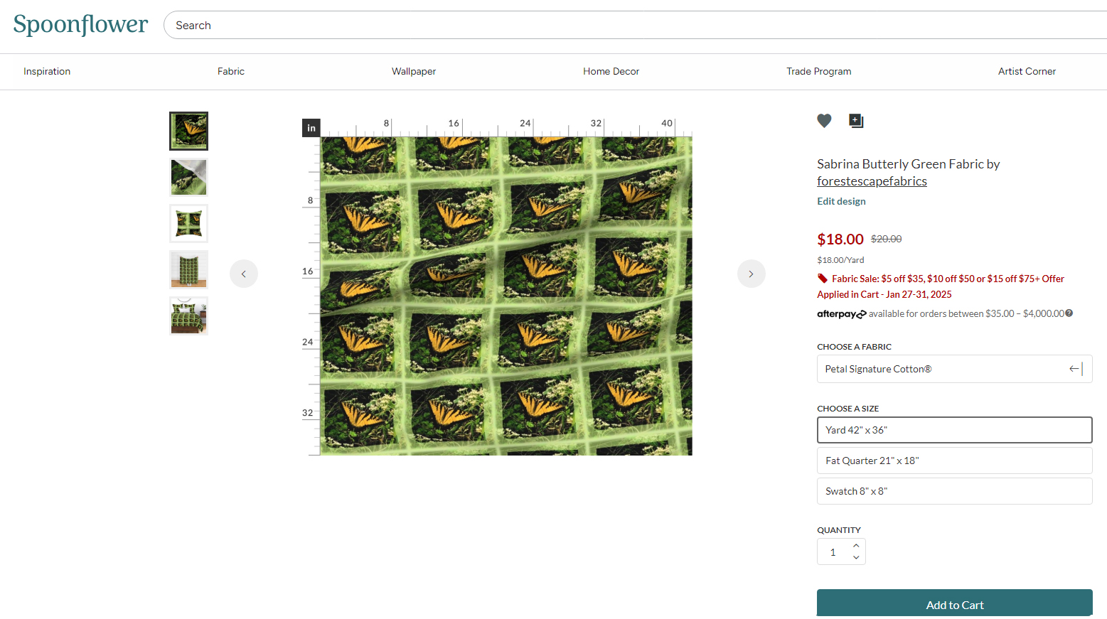 Sabrina Butterfly Green Fabric 42" wide, make a pillow, quilt or wall hangings