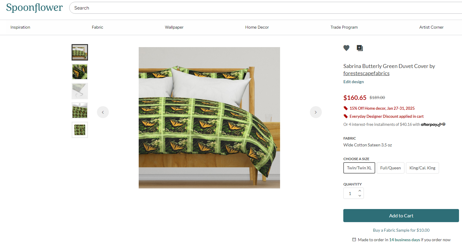 Sabrina Butterfly Green Fabric 42" wide, make a pillow, quilt or wall hangings