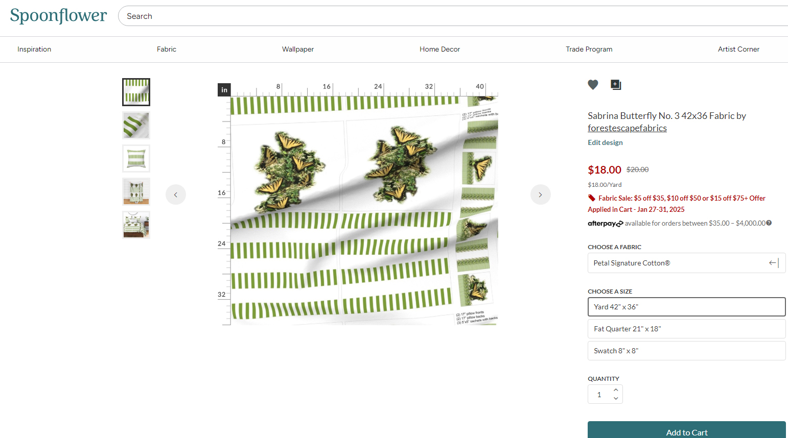 Sabrina Butterfly Fabric No. 3 42" wide by 36" - one yard - butterflies, green/white stripes, flowers - sachets, pillow fronts backs