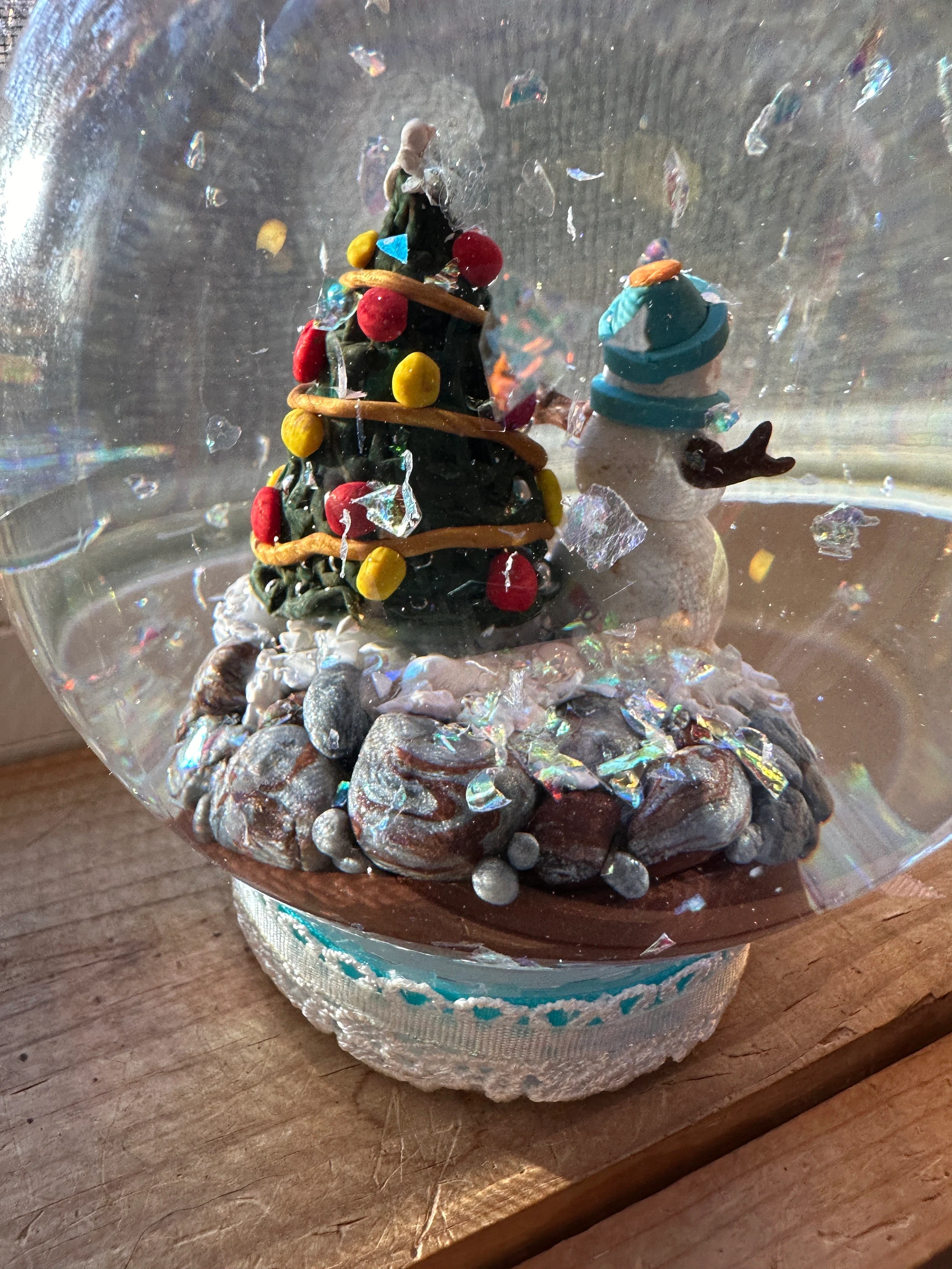 Snow Globe with snowman and Christmas tree, artist original Christmas decor, unique, OOAK, free Christian gift card, Christmas decoration