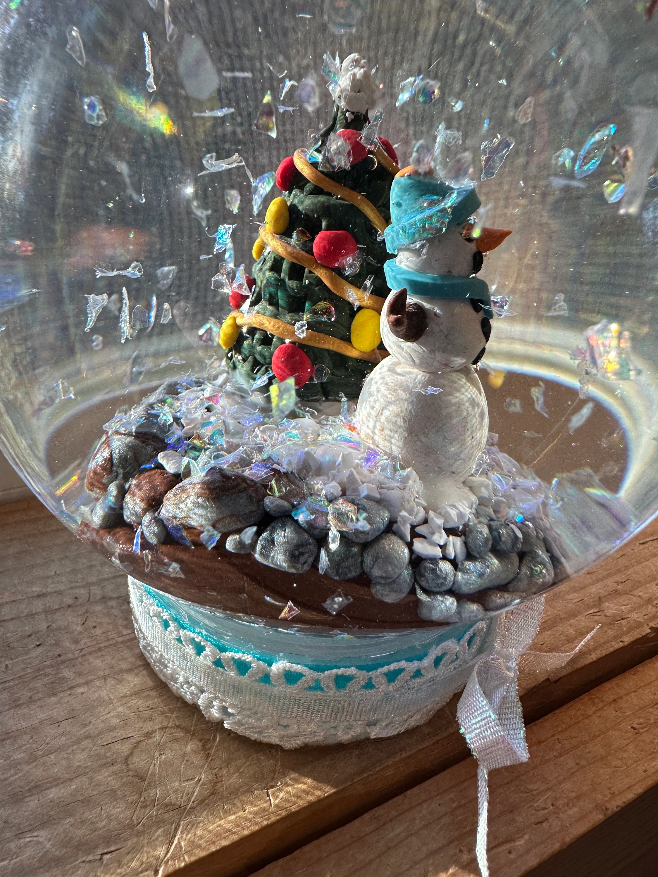 Snow Globe with snowman and Christmas tree, artist original Christmas decor, unique, OOAK, free Christian gift card, Christmas decoration