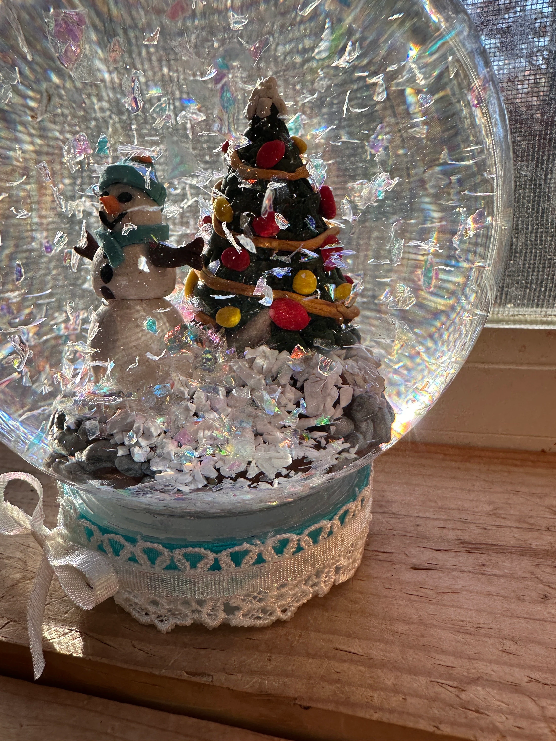 Snow Globe with snowman and Christmas tree, artist original Christmas decor, unique, OOAK, free Christian gift card, Christmas decoration