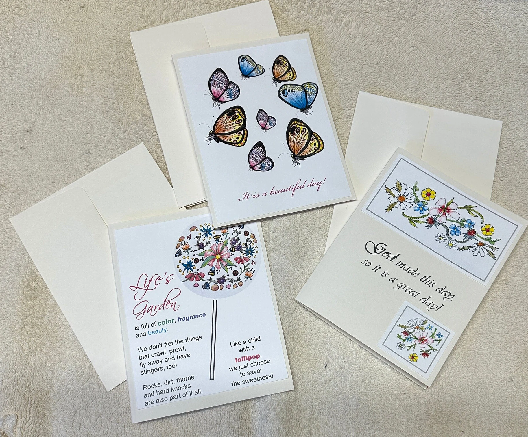 Set of 3 Christian Greeting Cards including God Made This Day Thinking of You, Wonderful Day Look Closely, Life's Garden Enjoy Each Day