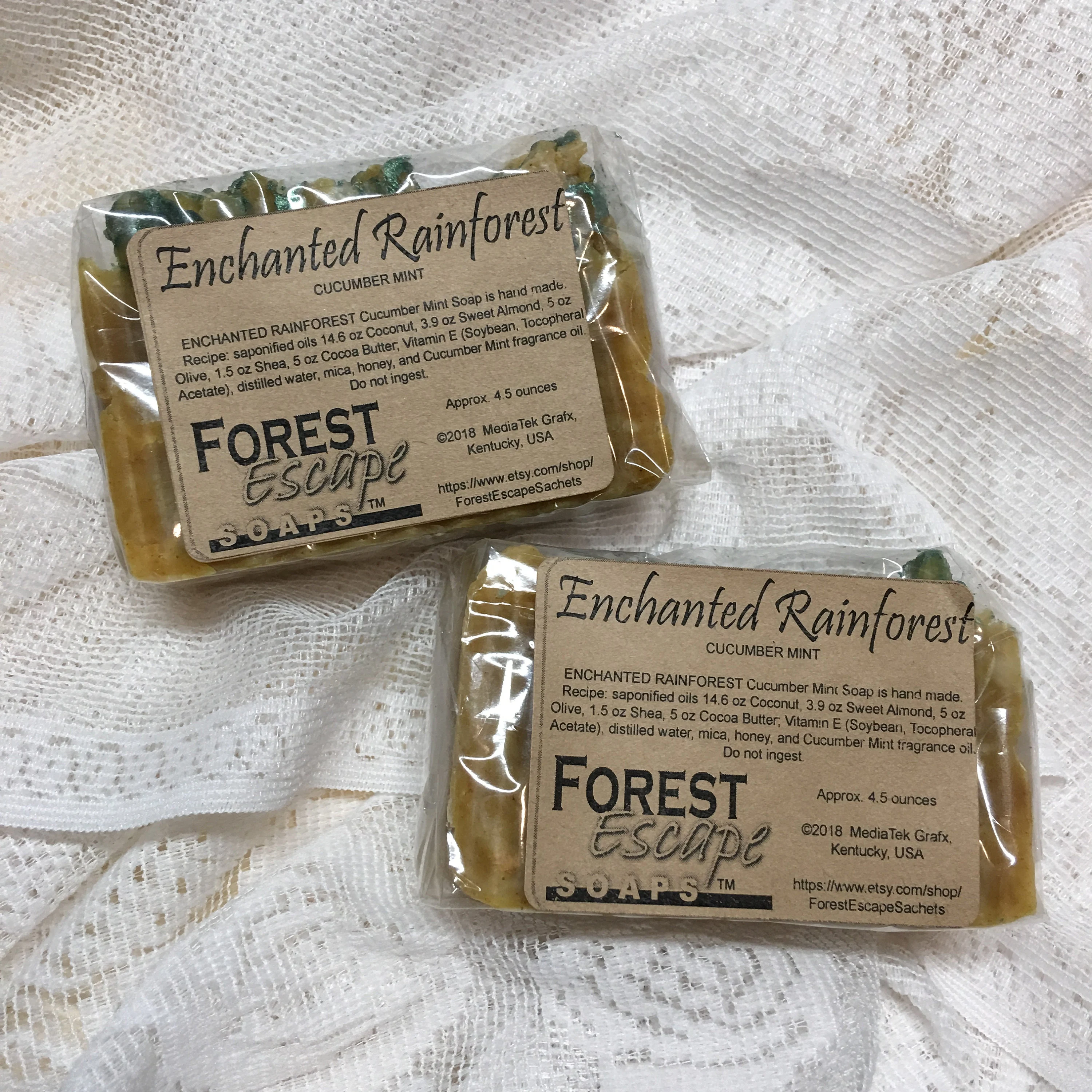 Almond, Cocoa Butter, Honey, ENCHANTED RAINFOREST Cucumber Mint Soap, hand made small batches, fresh and clean fragrance, with nice lather!
