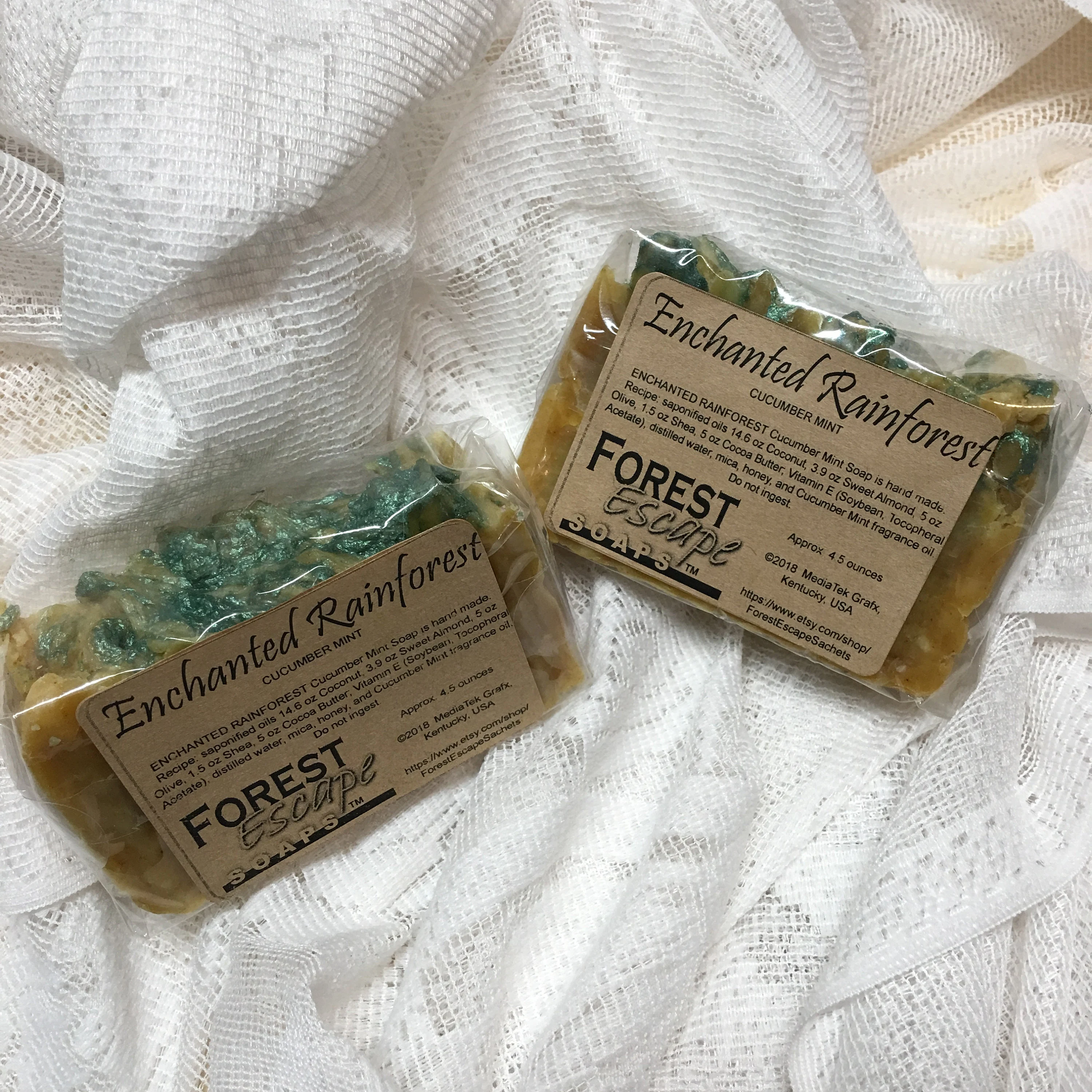 Almond, Cocoa Butter, Honey, ENCHANTED RAINFOREST Cucumber Mint Soap, hand made small batches, fresh and clean fragrance, with nice lather!