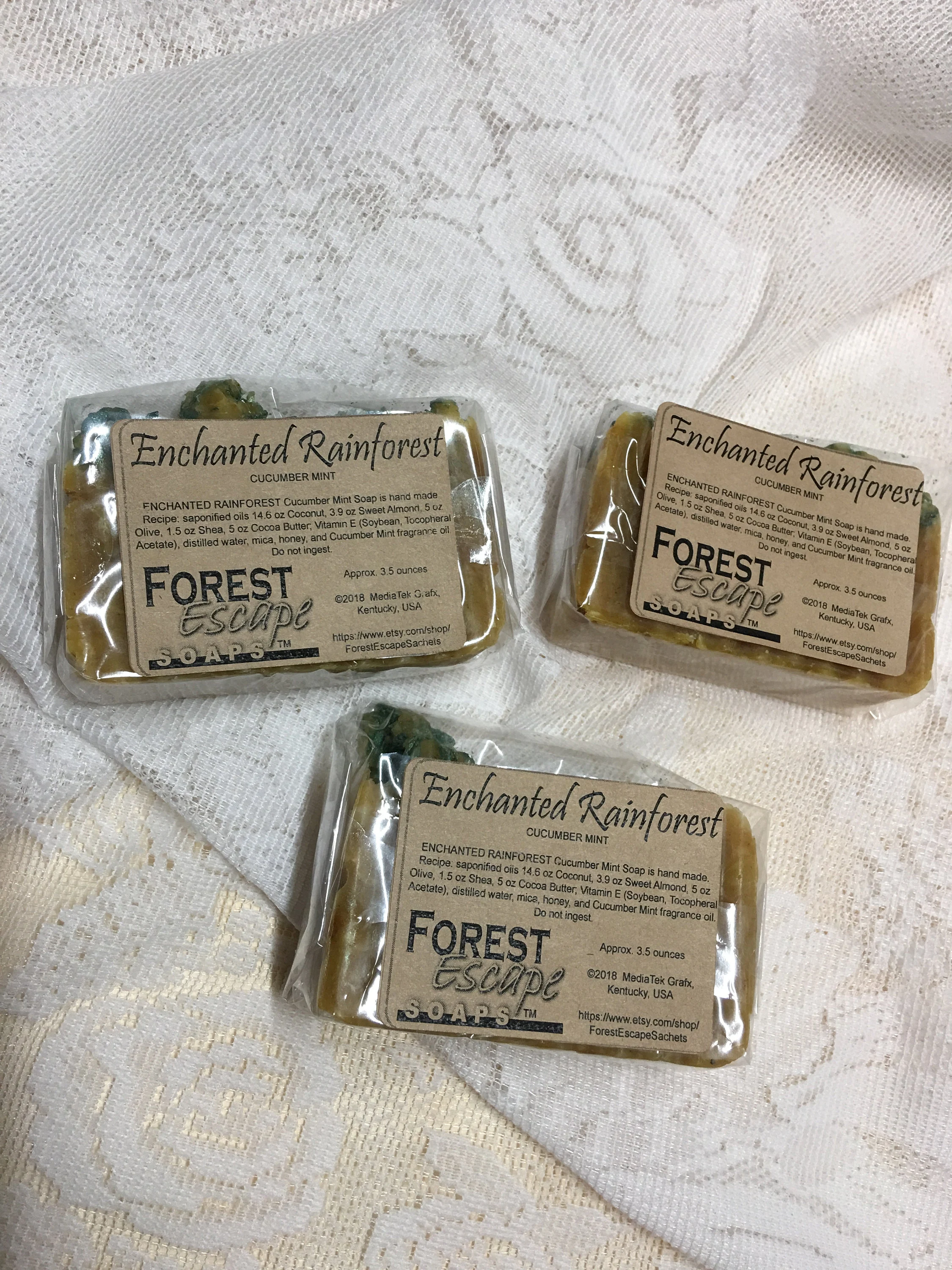 Almond, Cocoa Butter, Honey, ENCHANTED RAINFOREST Cucumber Mint Soap, hand made small batches, fresh and clean fragrance, with nice lather!