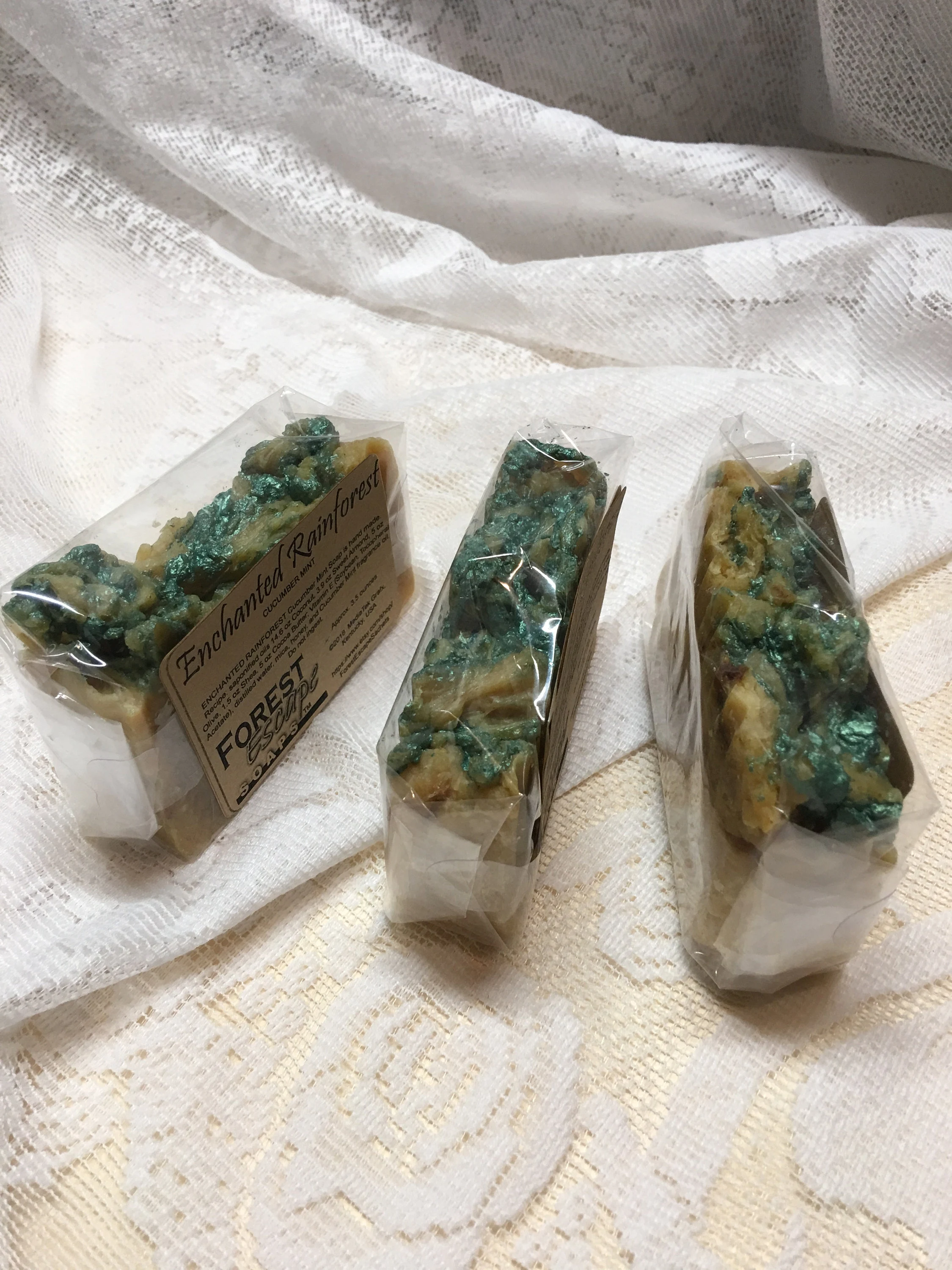 Almond, Cocoa Butter, Honey, ENCHANTED RAINFOREST Cucumber Mint Soap, hand made small batches, fresh and clean fragrance, with nice lather!