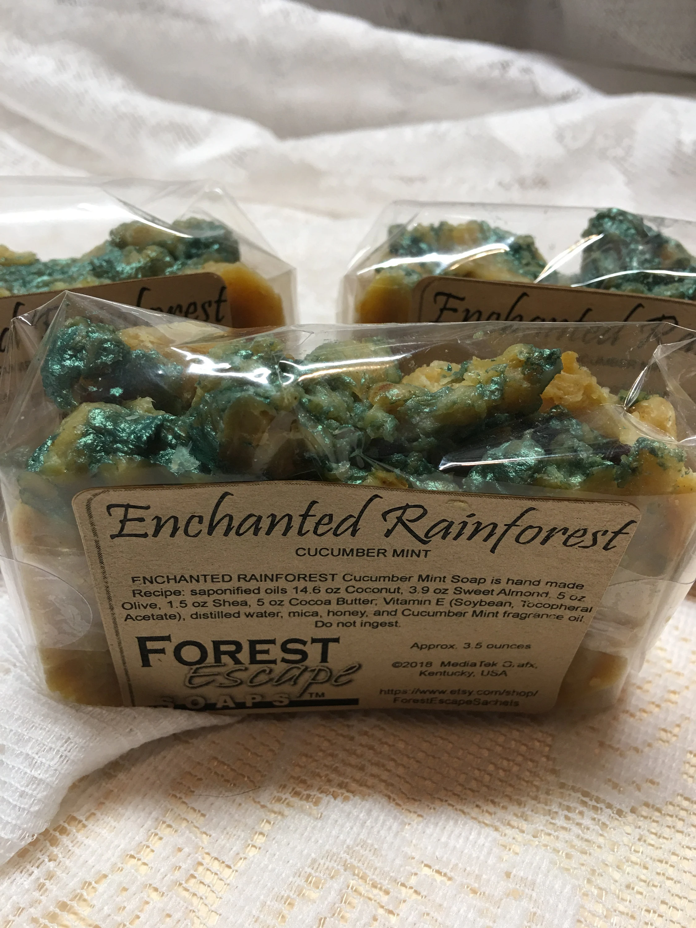 Almond, Cocoa Butter, Honey, ENCHANTED RAINFOREST Cucumber Mint Soap, hand made small batches, fresh and clean fragrance, with nice lather!