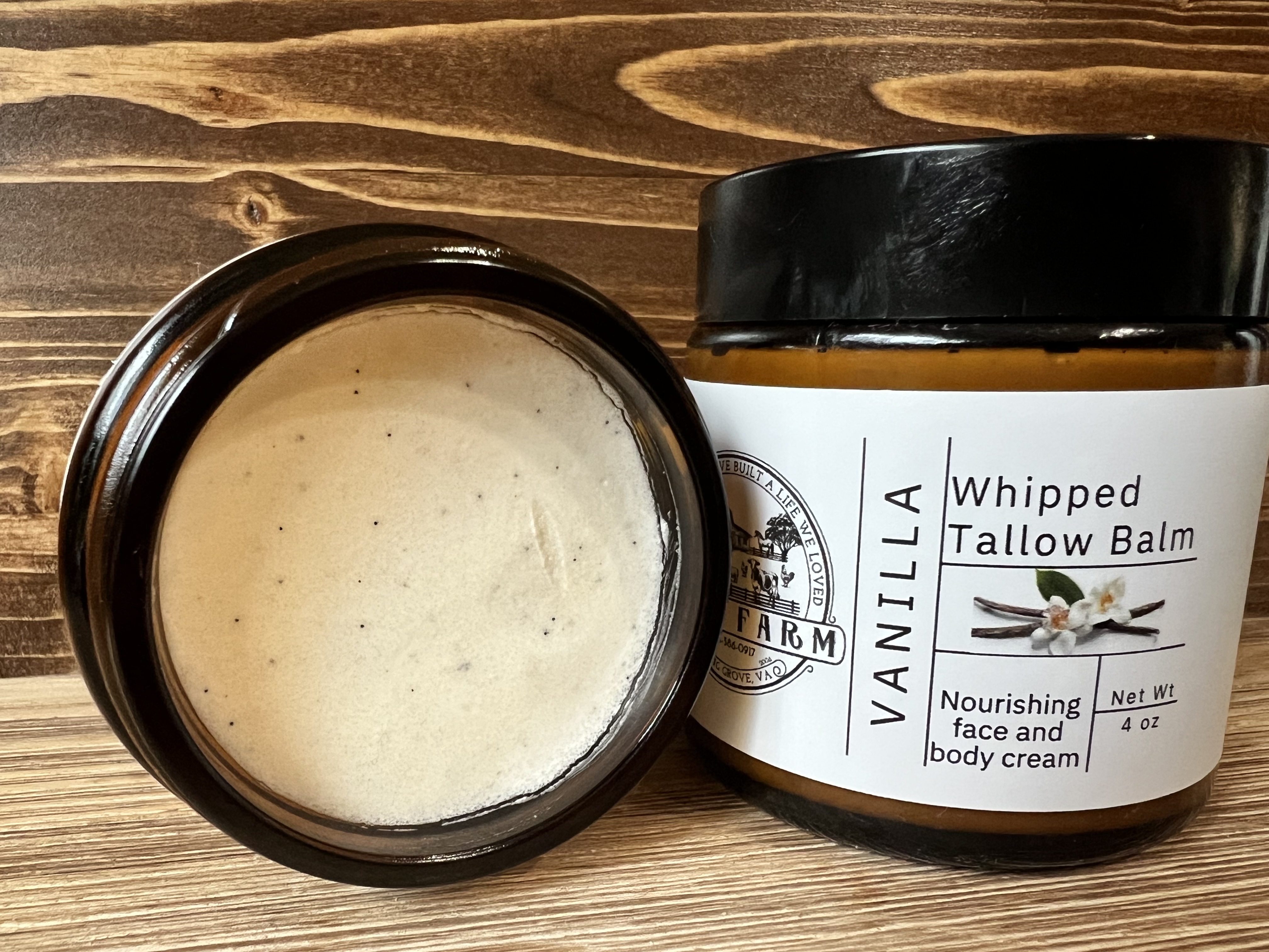 Vanilla Whipped Tallow Balm infused with vanilla beans, featuring unstrained vanilla bean caviar for an enhanced fragrance