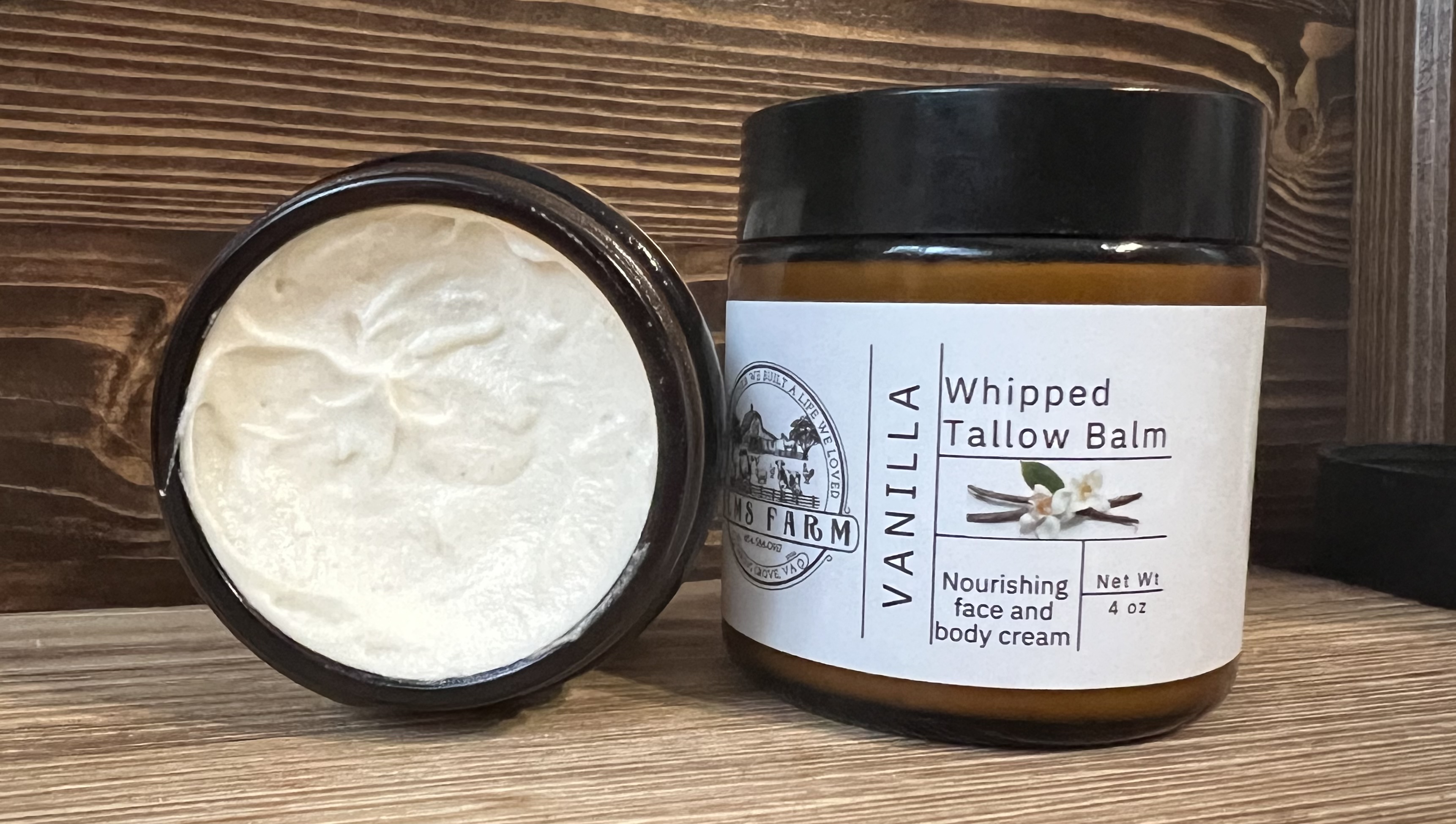 Vanilla Whipped Tallow Balm infused with vanilla beans, featuring strained vanilla bean caviar.