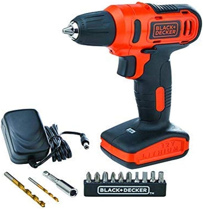 Black & Decker 12V 1.5Ah 900 RPM Cordless Drill Driver with 13 Pieces Bits in Kitbox For Drilling and Fastening, 