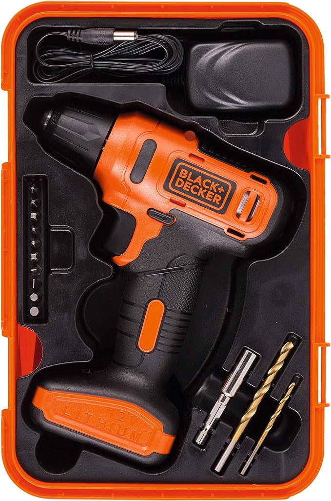 Black & Decker 12V 1.5Ah 900 RPM Cordless Drill Driver with 13 Pieces Bits in Kitbox For Drilling and Fastening, 