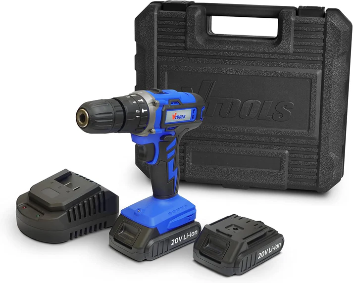 VTOOLS VT1211 20V Cordless Impact Drill With 2 Batteries & 1 Charger, 2-Variable Speed, 10mm Keyless Chuck, 18+1 Torque Setting, BMC Case, Drill Kit for Wood, Concrete,