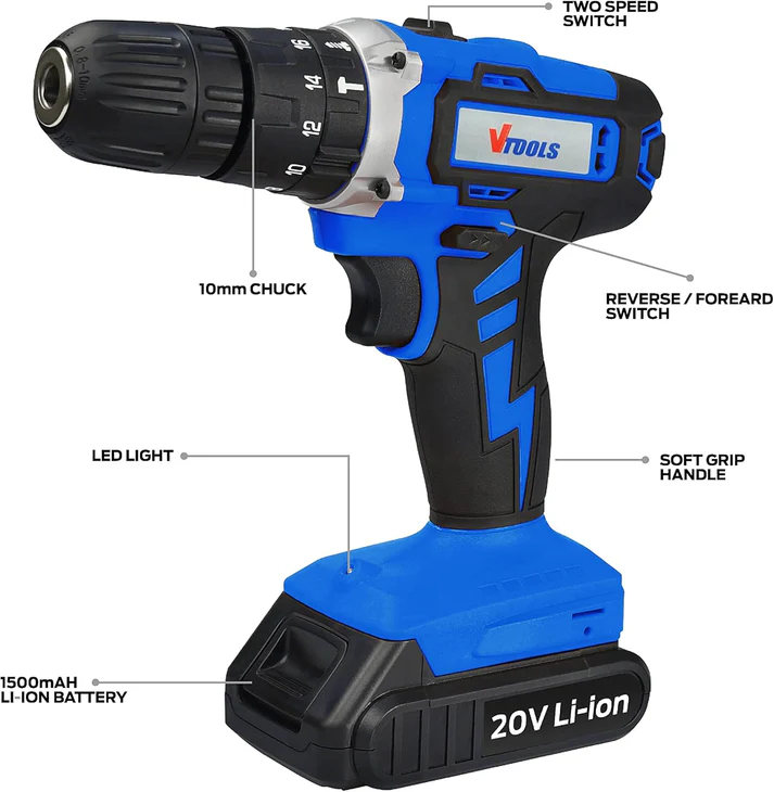 VTOOLS VT1211 20V Cordless Impact Drill With 2 Batteries & 1 Charger, 2-Variable Speed, 10mm Keyless Chuck, 18+1 Torque Setting, BMC Case, Drill Kit for Wood, Concrete,