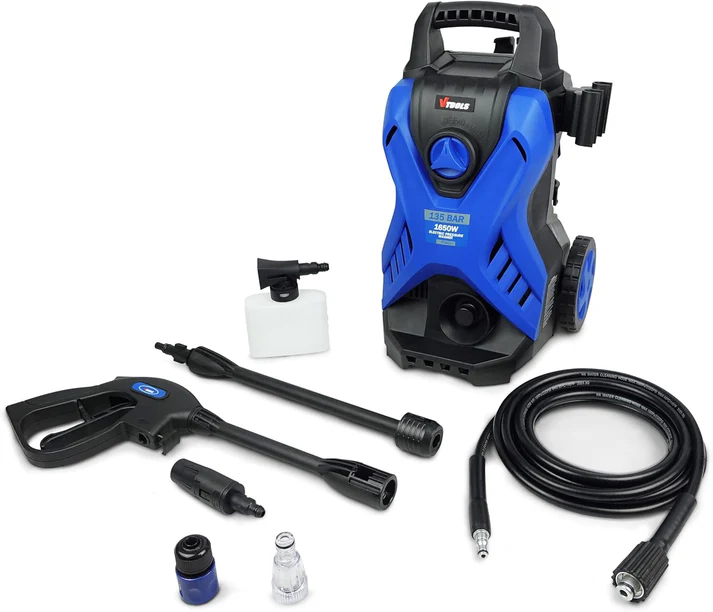 VTOOLS 135 Bar Electric Pressure Washer With 2 Wheels,5 Meter Hose & Soap Dispenser, 1650 Watt,Copper Motor,Auto Stop and Self Priming Mode, For Car,
