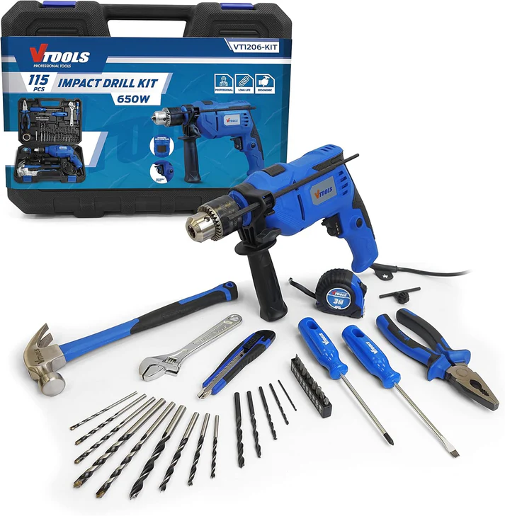 VTOOLS VT1206-KIT 115 Piece 650-Watt Impact Drill Driver & Home Tool Set, DIY Hand Tool Kits For Home, Office,