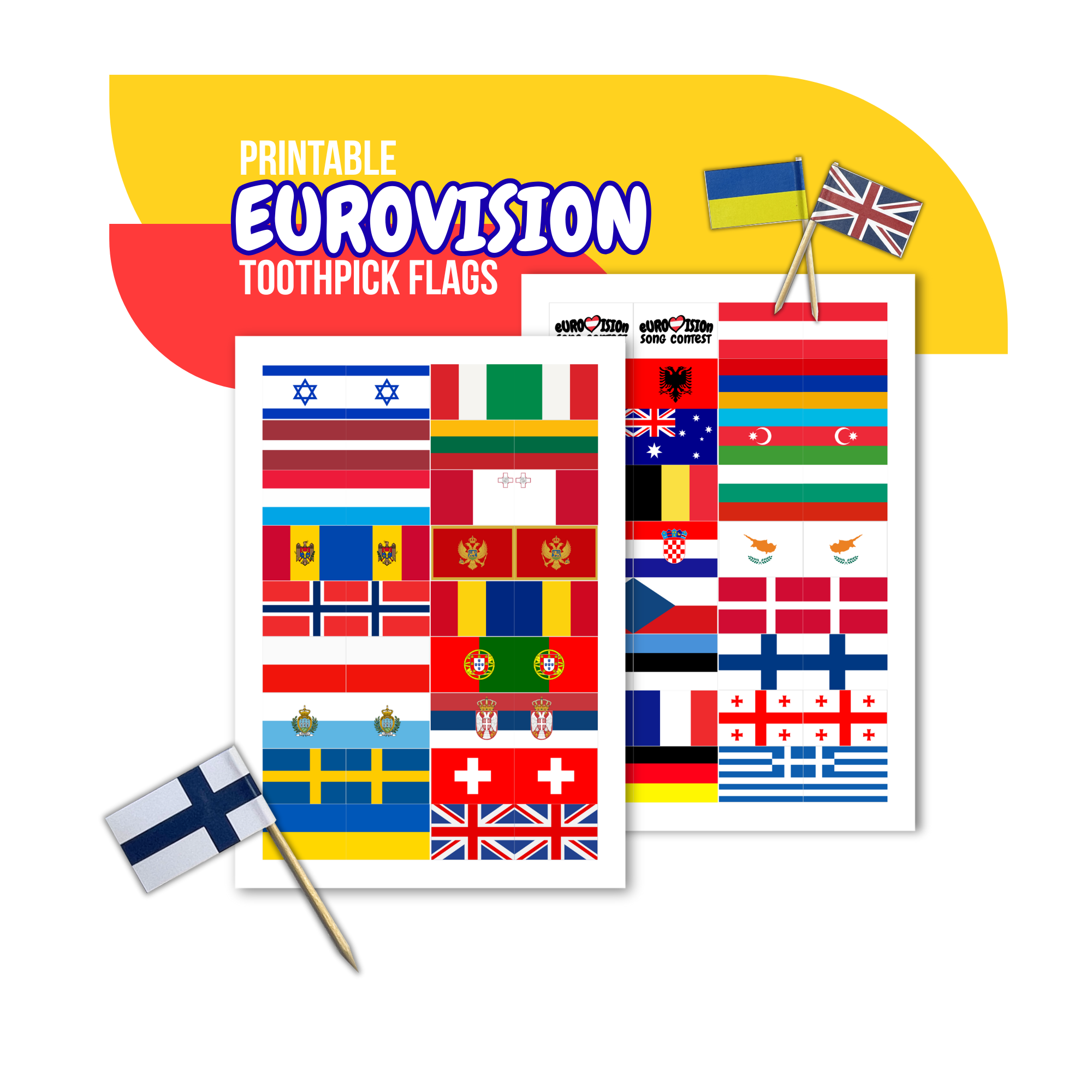 Printable Eurovision 2026 Toothpick Flags and Cupcake Toppers