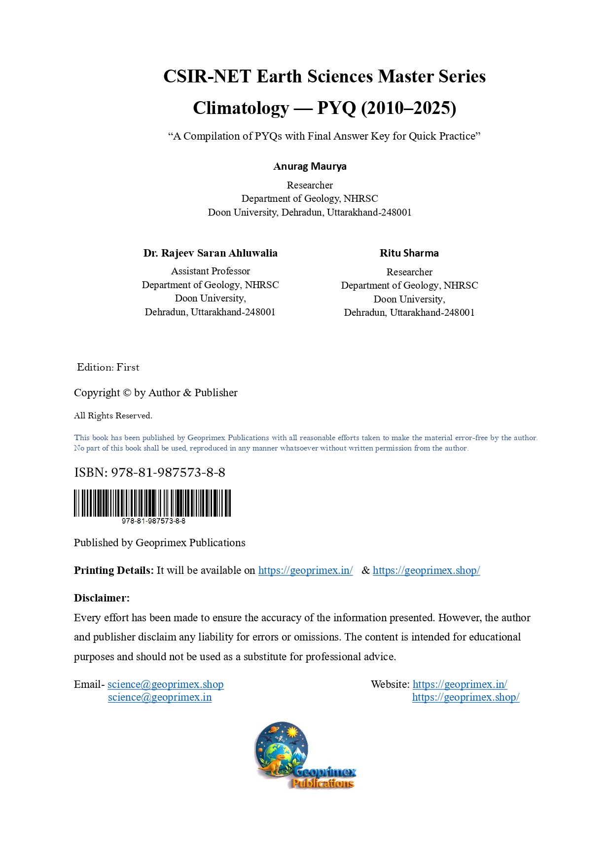 CSIR-NET Earth Sciences Master Series: Climatology PYQ (2010–2025)