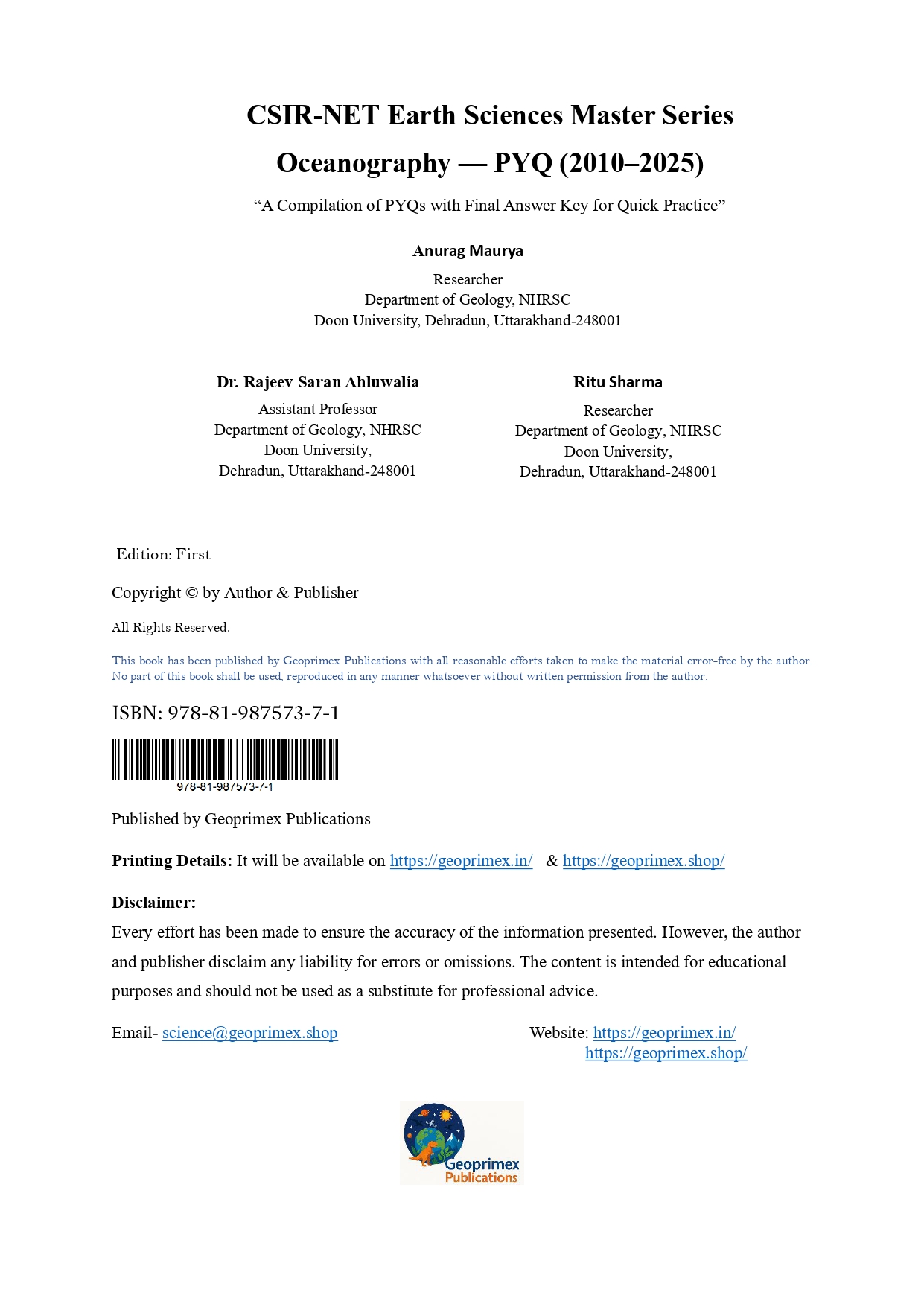 CSIR NET Oceanography Book