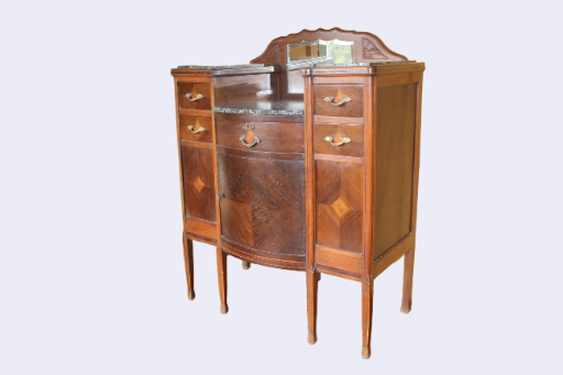Antiga Étagère 92cm em Madeira Nobre com Mármore, Marchetaria e Espelho Bizotado