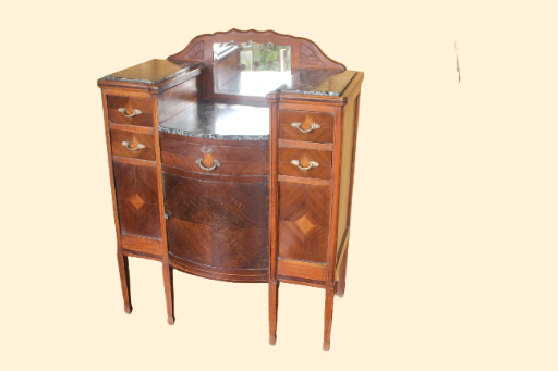 Antiga Étagère 92cm em Madeira Nobre com Mármore, Marchetaria e Espelho Bizotado