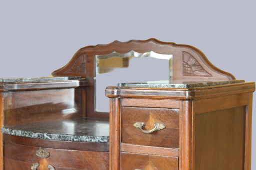 Antiga Étagère 92cm em Madeira Nobre com Mármore, Marchetaria e Espelho Bizotado