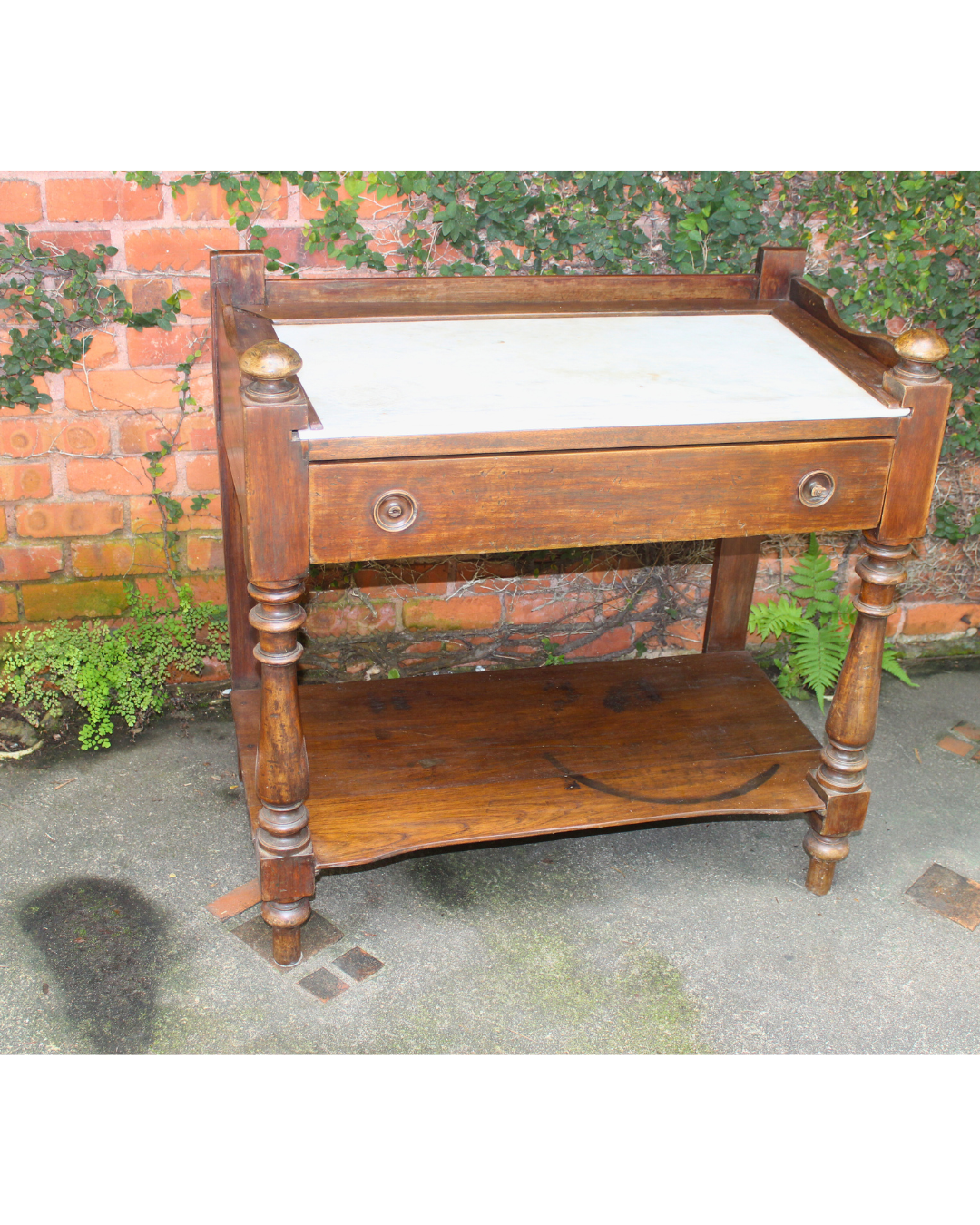 Aparador / Lavabo Antigo Clássico 83cm em Madeira com Tampo Mármore e Pés Torneados