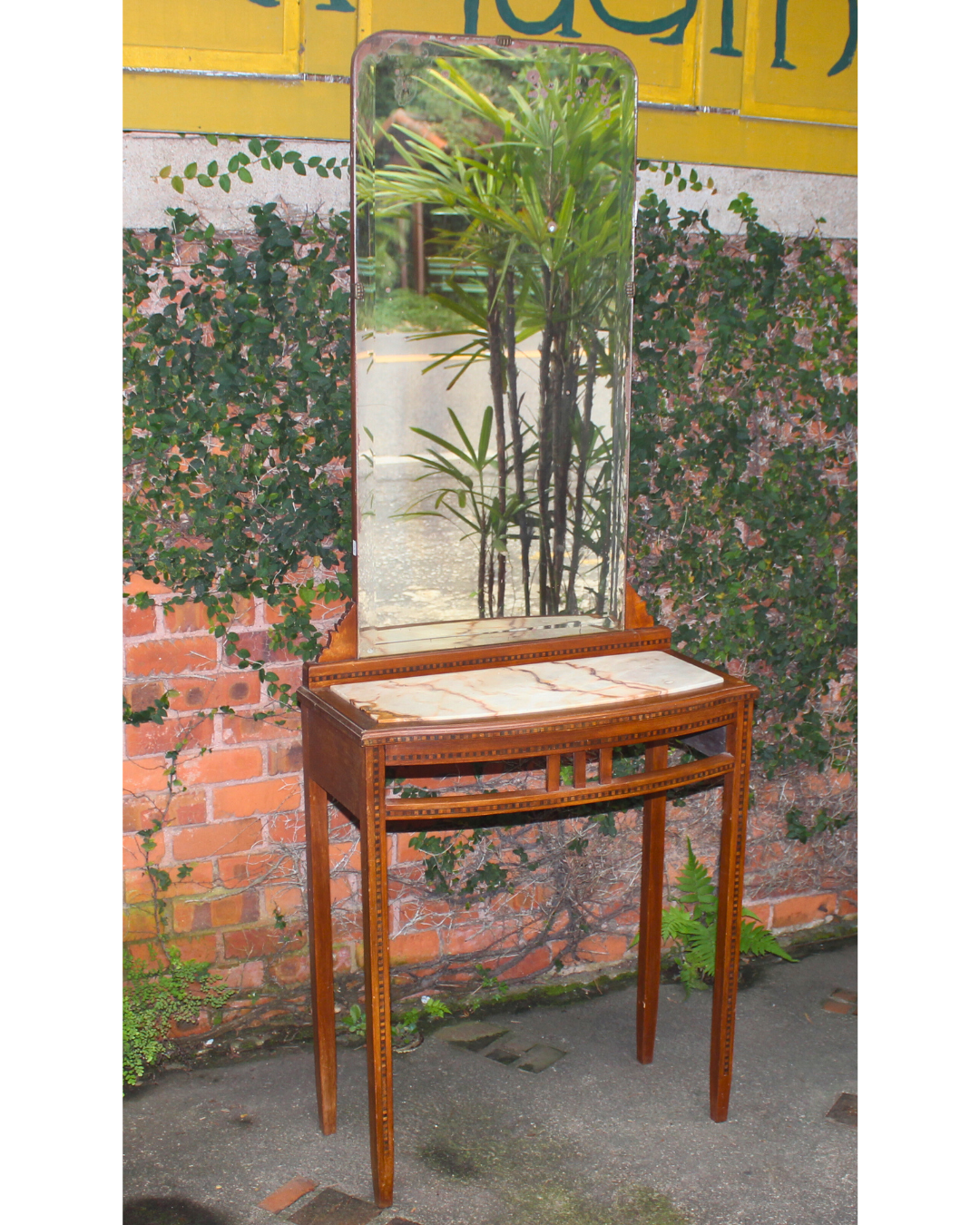 Aparador Console Antigo com Espelho, Tampo Mármore e Marchetaria/Filetado - Estilo Clássico