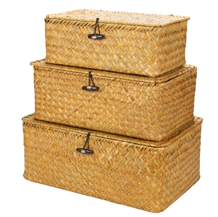 Yesland Shelf Baskets with Lid Set of 3, Handwoven Seagrass Storage Bins Box Rectangular Seagrass Basket Storage Organizer Wicker Basket for Shelf