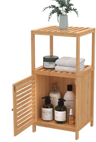 ClosetMaid Bamboo Storage Cabinet, Freestanding Floor Cabinet with Single Door, 3 Shelves, for Bathroom, Living Room, Slide Table, Natural Finish