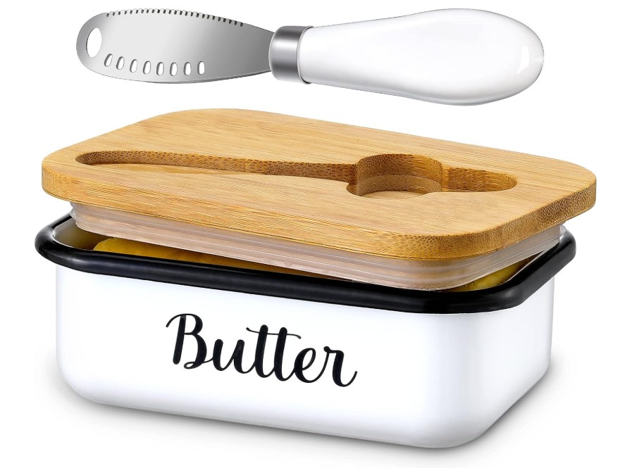 Butter Dish with Lid and Butter Curler Knife - Unbreakable Stainless Steel Keeper Container with Double Silicone Sealing, for Kitchen Farmhouse Decor