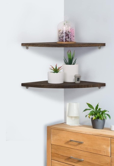 2 inch Corner Wall Shelf, Set of 2 Solid Wood Corner Floating Shelves for Wall, Round End Wall Mounted Floating Corner Shelf