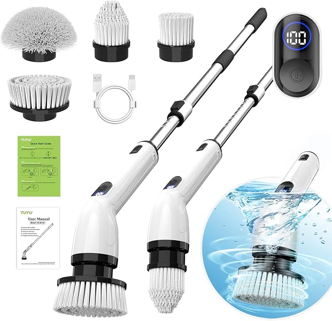 TUYU Electric Spin Scrubber, Full-Body IPX7 Waterproof Bathroom Scrubber with Power LCD Display, Adjustable Extension Handle,