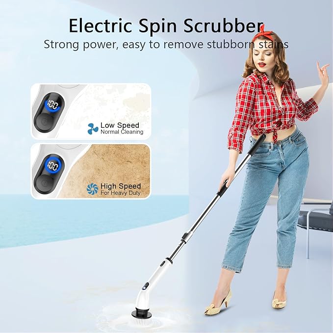 TUYU Electric Spin Scrubber, Full-Body IPX7 Waterproof Bathroom Scrubber with Power LCD Display, Adjustable Extension Handle,