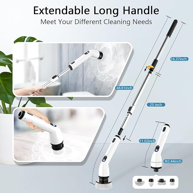 TUYU Electric Spin Scrubber, Full-Body IPX7 Waterproof Bathroom Scrubber with Power LCD Display, Adjustable Extension Handle,