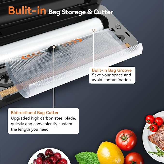 Vacuum Sealer Machine, Food Sealer Machine 80KPA Automatic 8-IN-1 for Food Saving Dry/Moist Mode with Build-in CStorage, Air Suction Hosutter&e, Digital Countdown, Bag Roll, 11 Vacuum Bags
