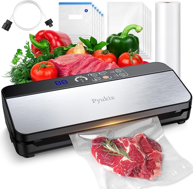 Vacuum Sealer Machine, Food Sealer Machine 80KPA Automatic 8-IN-1 for Food Saving Dry/Moist Mode with Build-in CStorage, Air Suction Hosutter&e, Digital Countdown, Bag Roll, 11 Vacuum Bags
