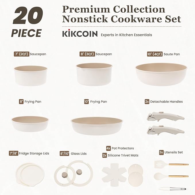 KIKCOIN 20 Pcs Pots and Pans Set Non Stick, Detachable Handle Cookware Sets Nonstick, Non Toxic Induction RV Kitchen Cooking Set with Removable Handles, Dishwasher/Oven Safe, Easy Clean (Black)
