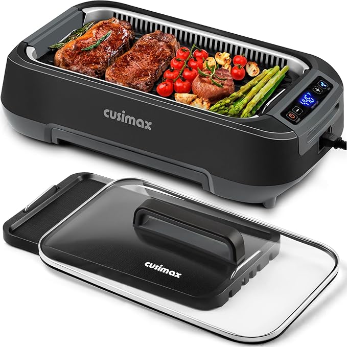 Electric Indoor Grill Smokeless Indoor Grill, CUSIMAX Electric Grill with Non-stick Removable Grill/Griddle Plate, 1500W Korean BBQ Grill with LED Smart Display & Tempered Glass Lid, Easy to Clean, Black